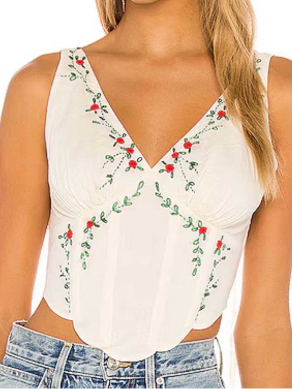 LPA White V-Neck Cropped Cami with Red Floral Embroidery